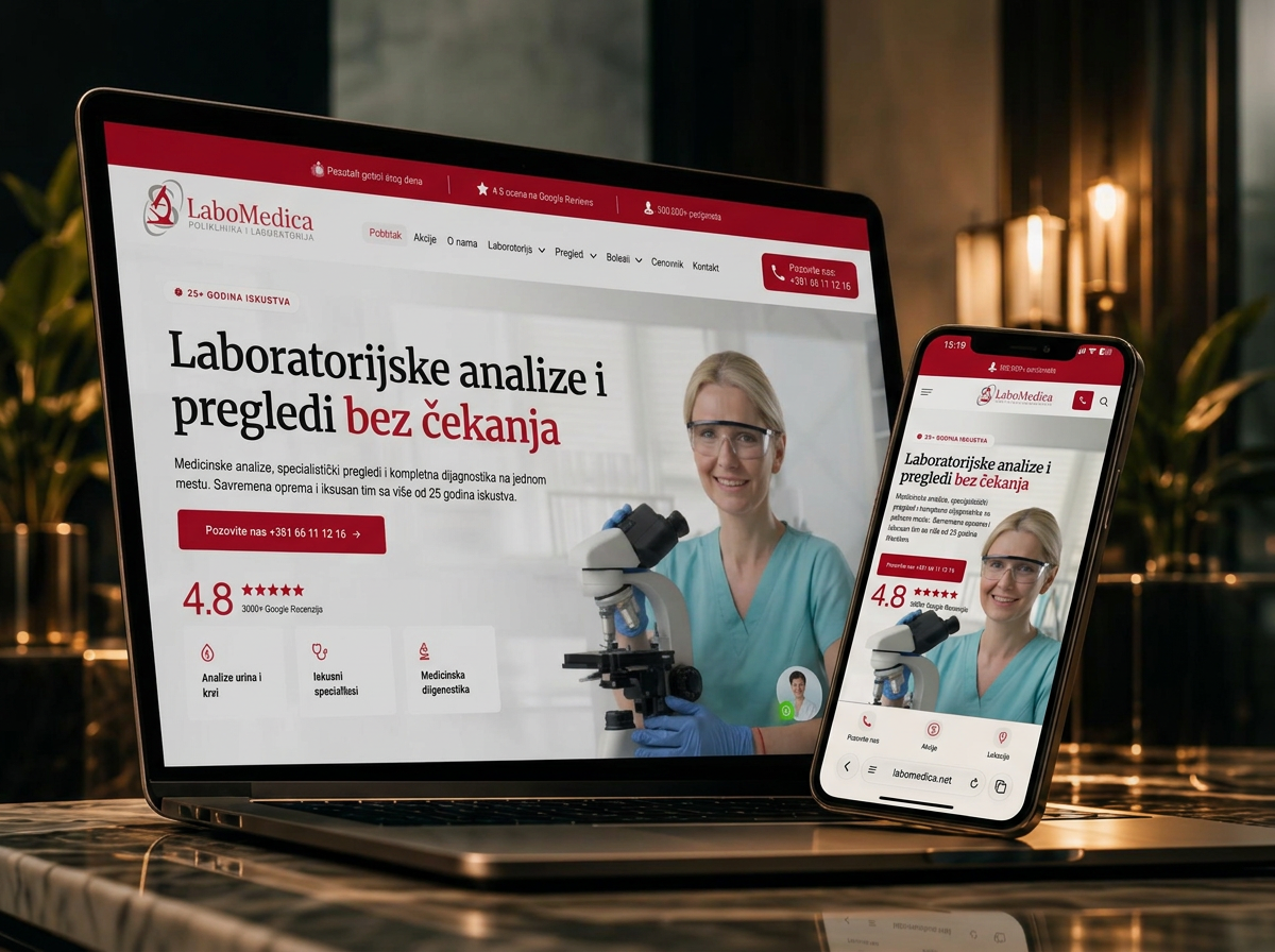 Sajt poliklinike LaboMedica na laptopu i telefonu